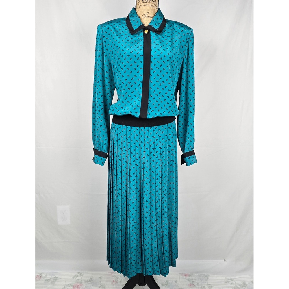 Vintage 80s Andrea Gayle Teal Paisley Pleated Skirt Set Blouse 2pc Suit Size 12 - Picture 2 of 16